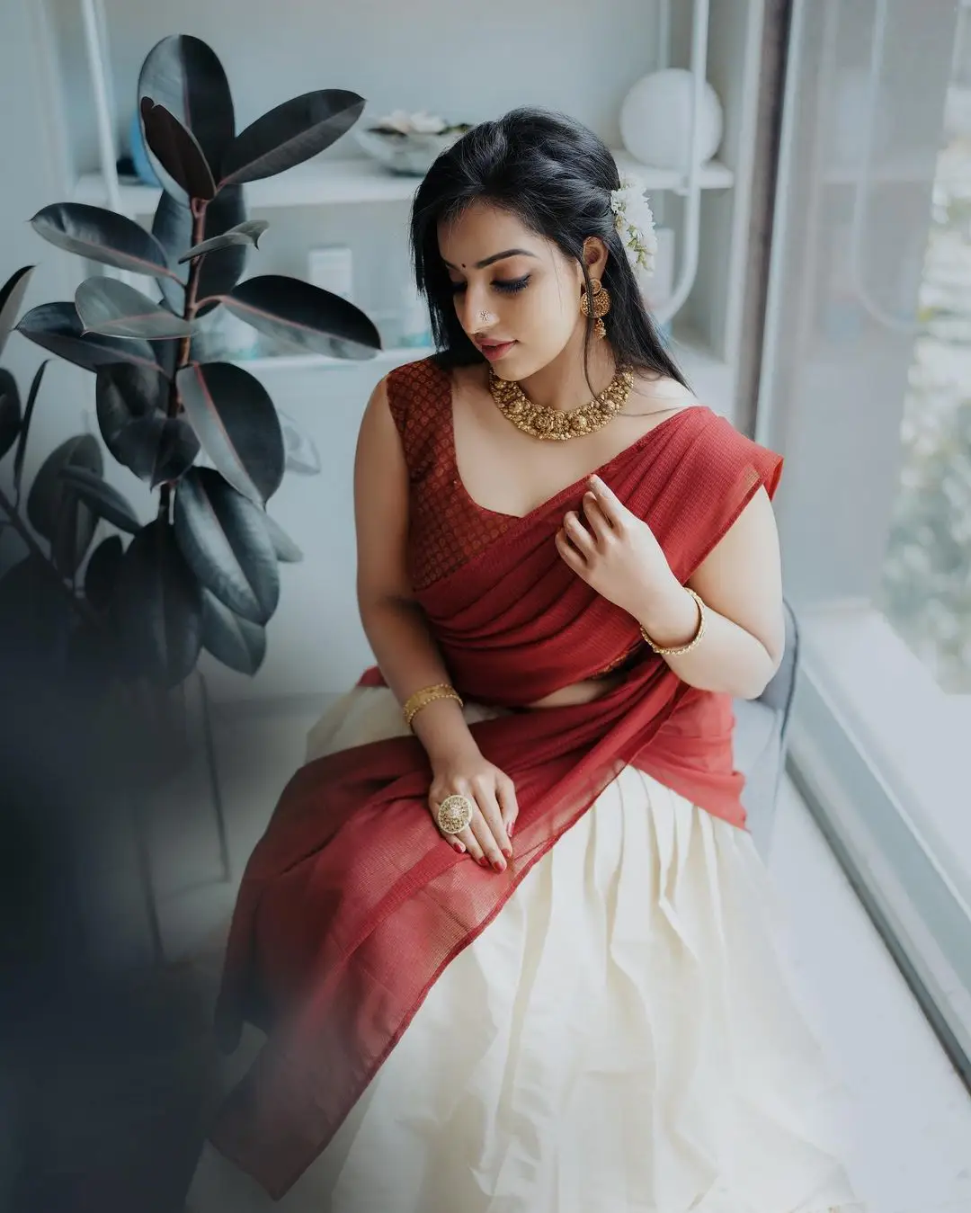 Malavika Menon In South Indian Traditional Red Half Saree Voni Blouse